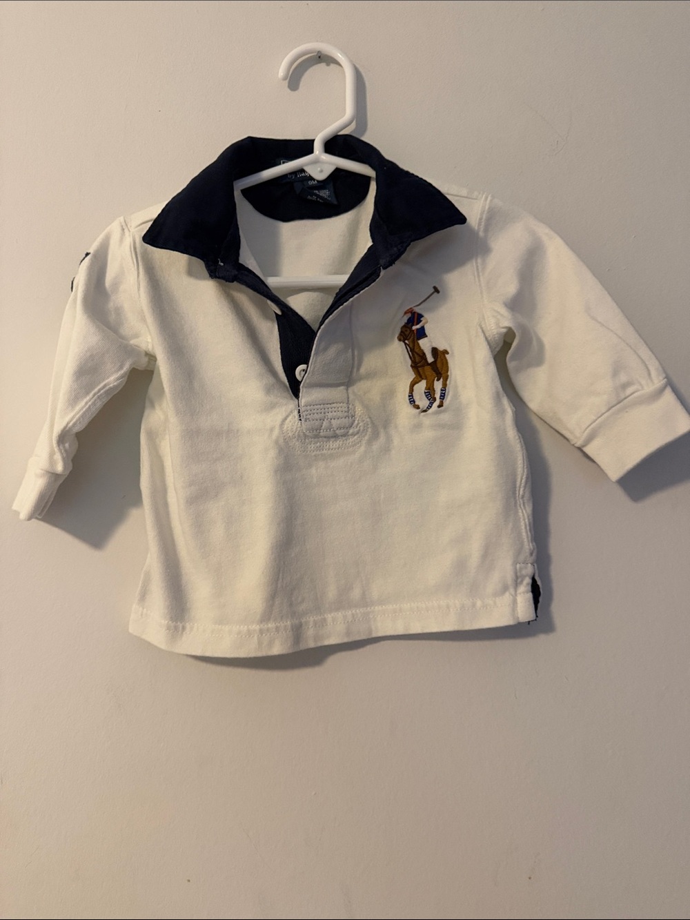 Polo by Ralph Lauren White Long Sleeve Rugby Shirt with Navy Collar